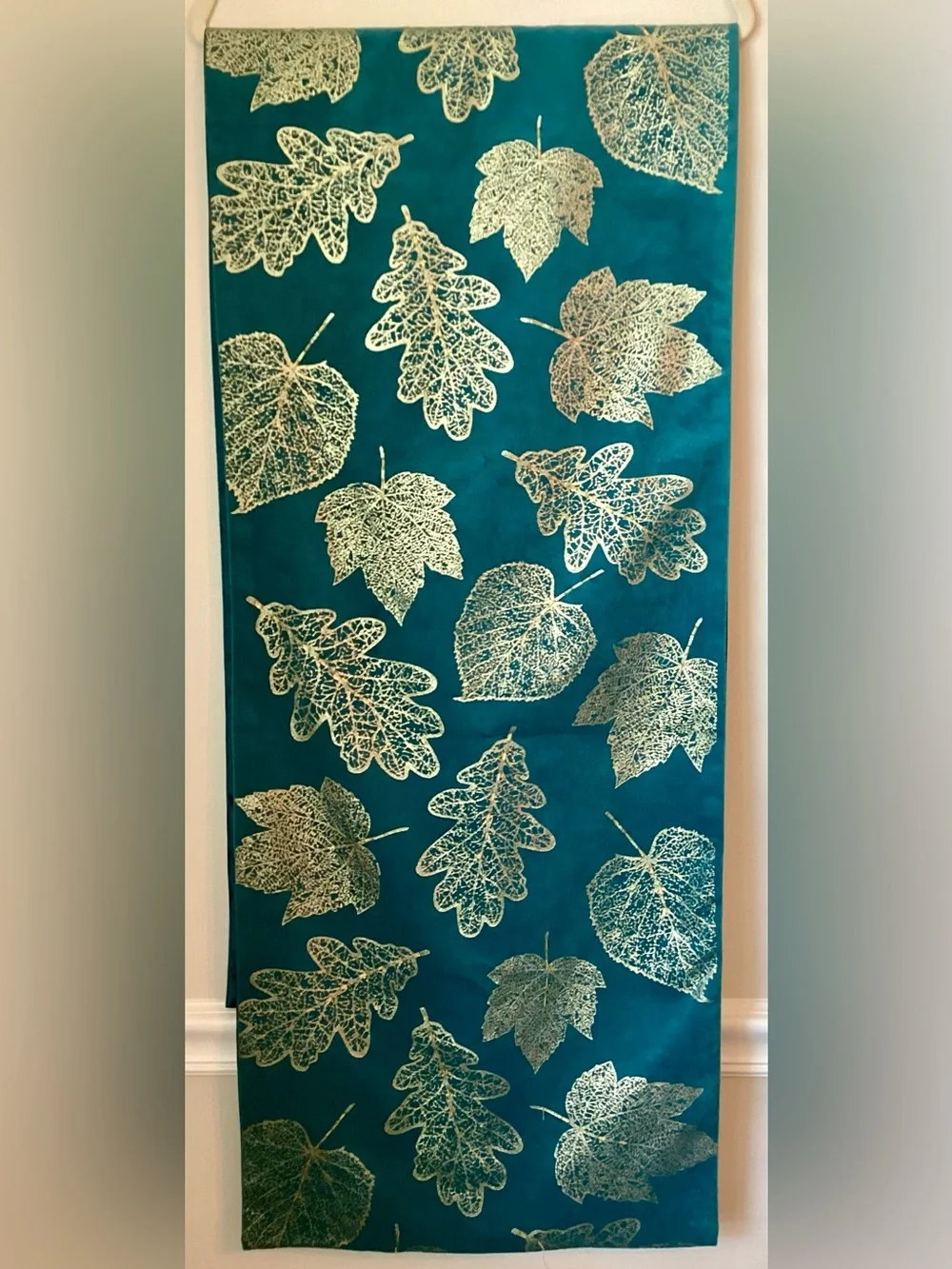 Teal & Gold Beaded Autumn Leaves Table Runner 6’ Long Velvet & Silk Type Fabric